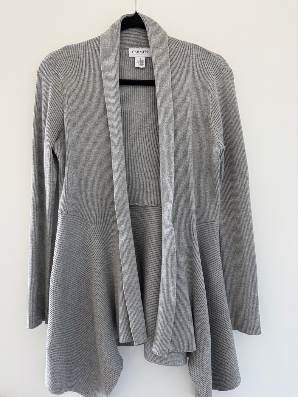 Carmen Marc Valvo Light Gray Ribbed Open-Front Cardigan